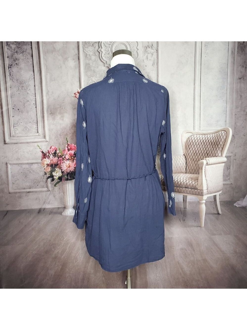 Umgee Dandelions Blue White Collared Button Down Belted Shirt Dress Size Small - Picture 6 of 8